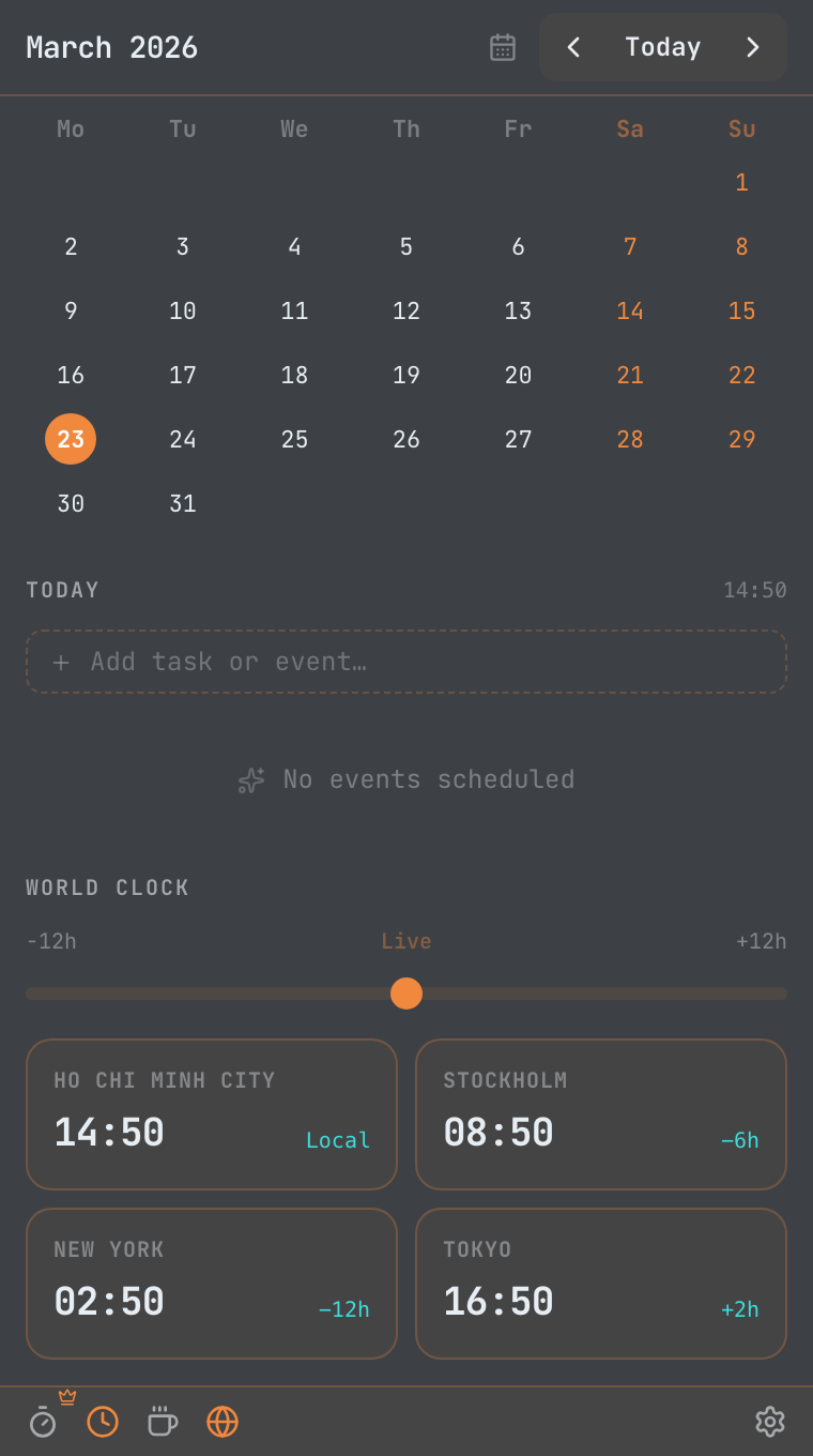 Daybar – Midnight Dark theme showing March 2026 calendar with events and world clock panel