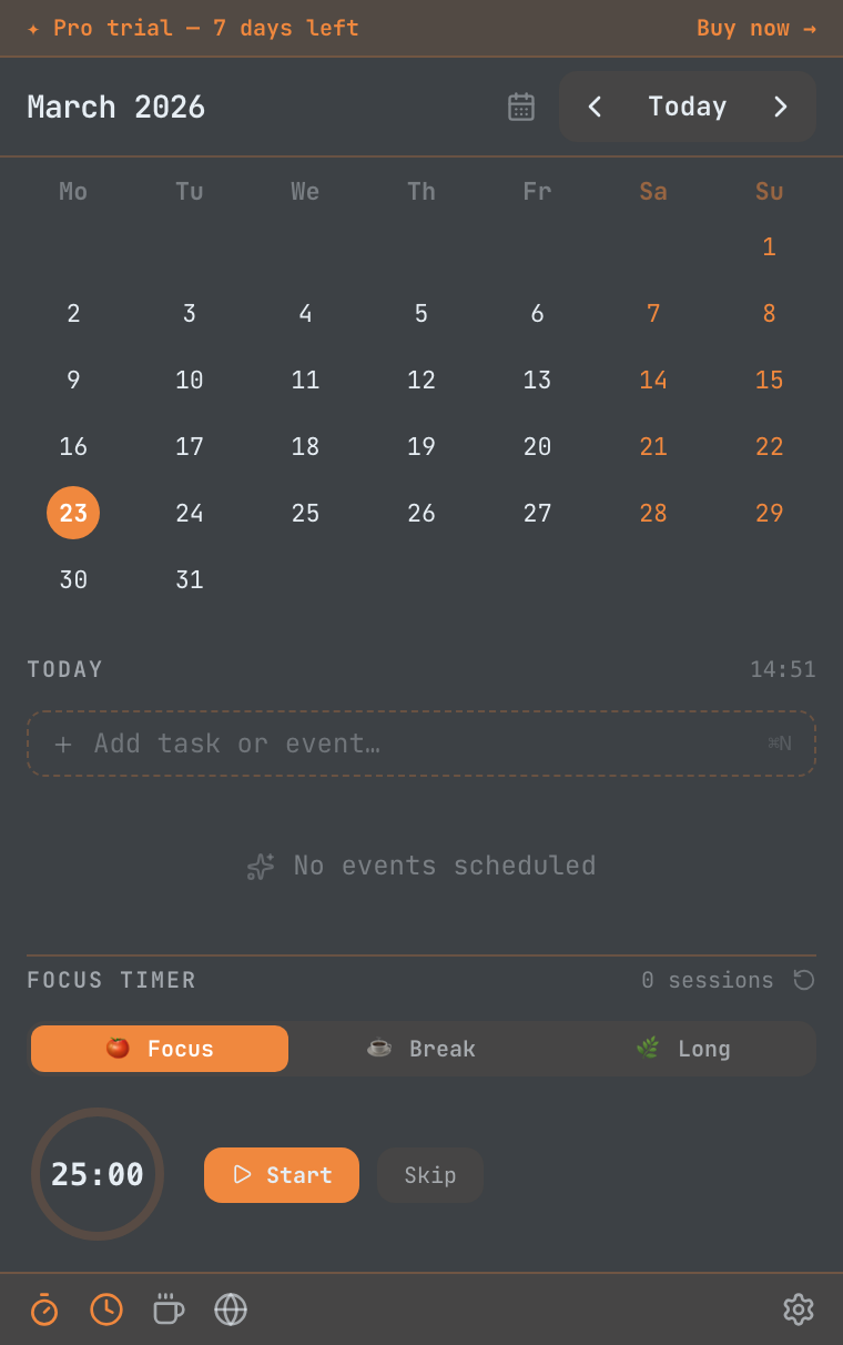 Pomodoro focus timer with Focus, Short Break, and Long Break modes