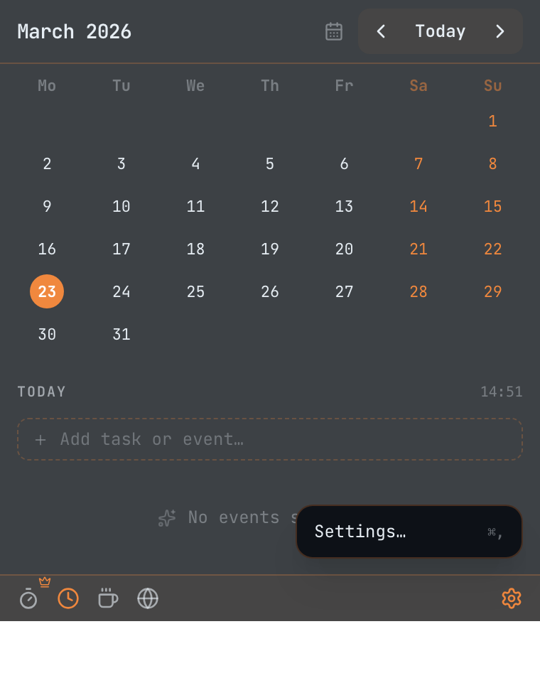 Settings context menu with keyboard shortcut