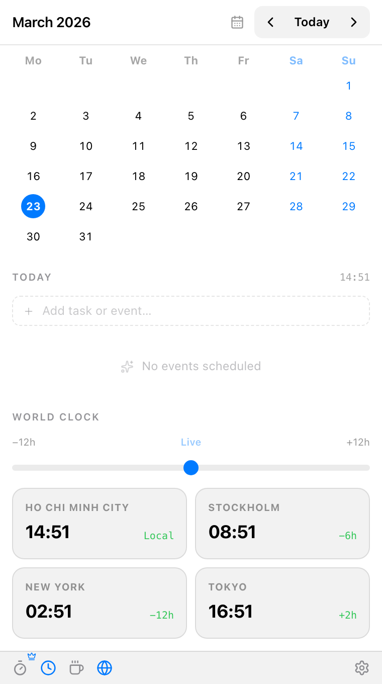 Daybar in Light theme with calendar and world clock
