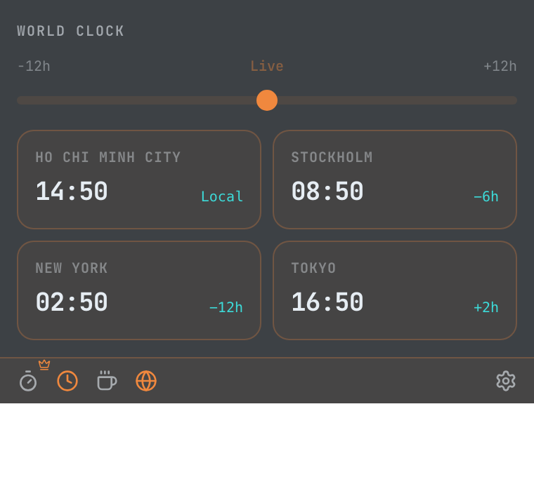 World clock panel showing 4 cities with current local times